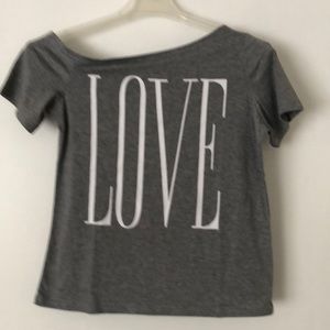 Asymmetrical off the shoulder LOVE tshirt